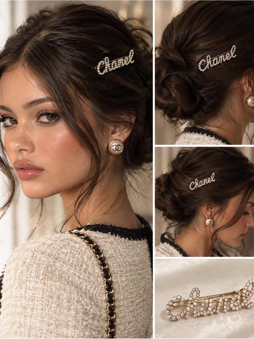 Authentic CHANEL Crystal Pearl Script Hair Clip Barrette / Brooch Pin w/ Box